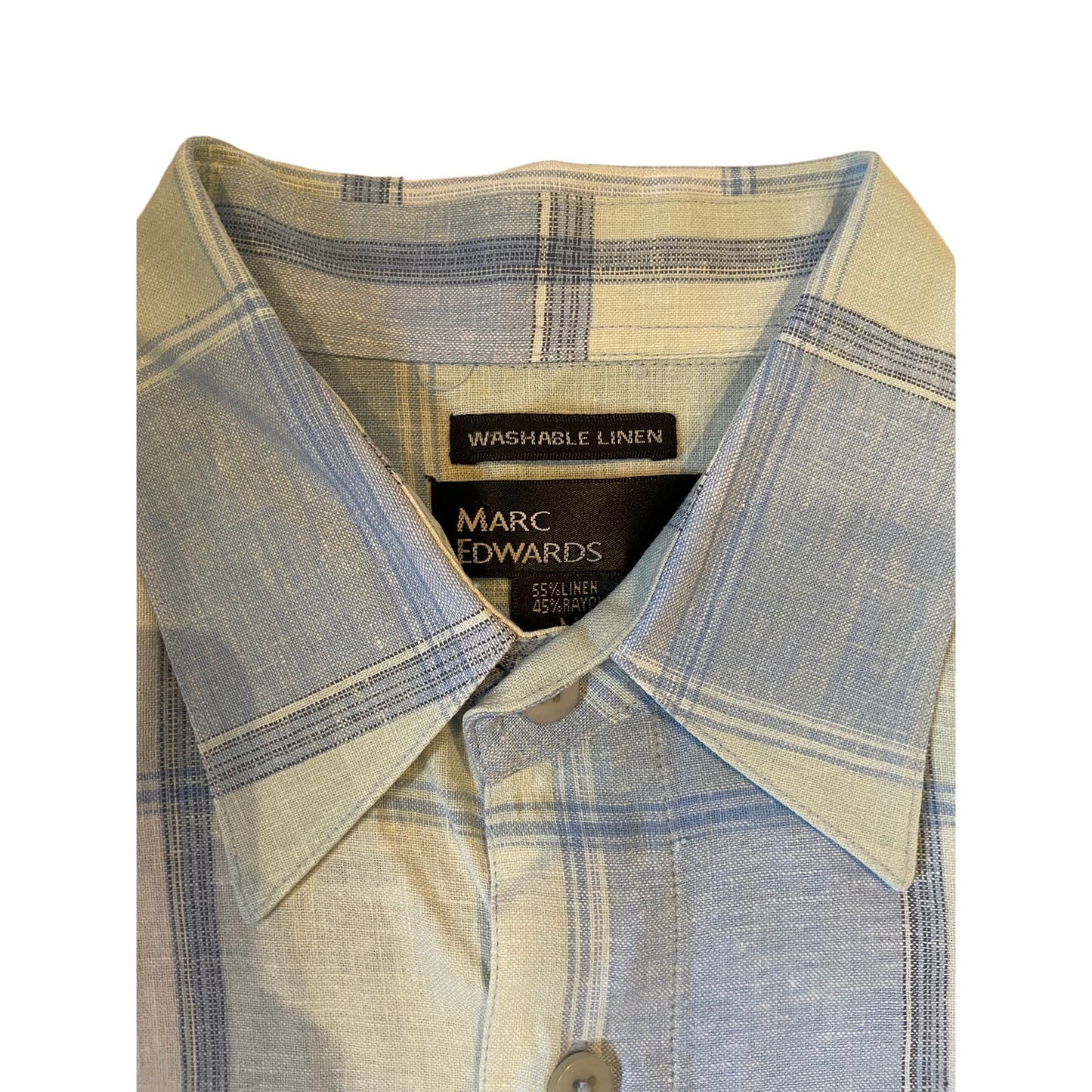Marc Edwards Men's Linen Blend Short Sleeve Blue Plaid Button Front Shirt Size M