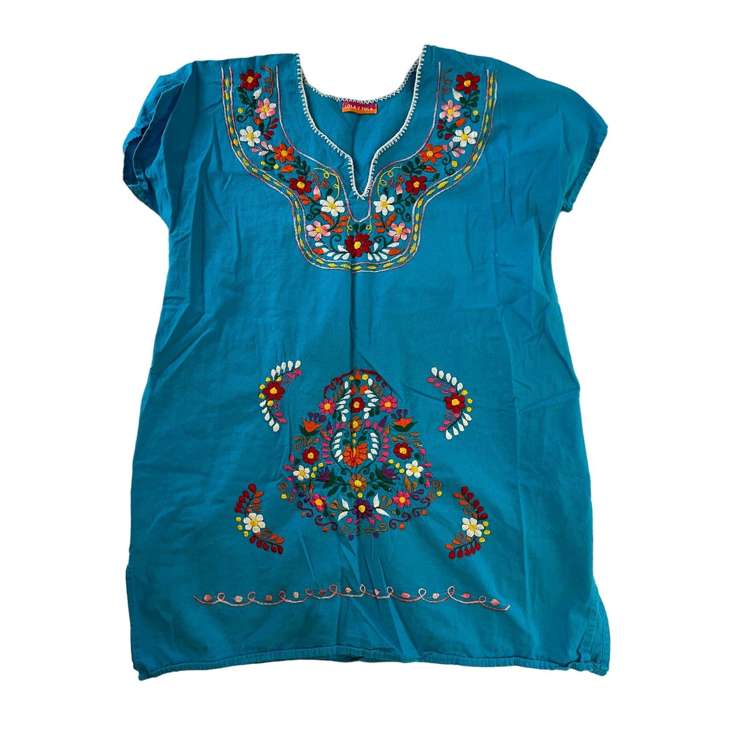 Lola Y Tula Women's Blouse Blue Hand Embroidered in Mexico Med / Large $82 MSRP