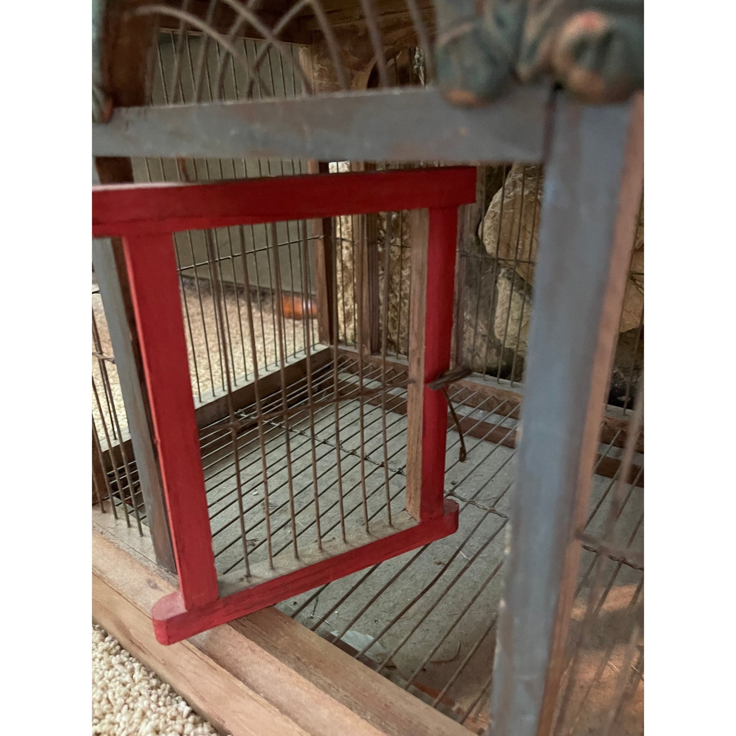 Antique French Victorian Hand Painted Wood & Metal 2 Tier Bird Cage