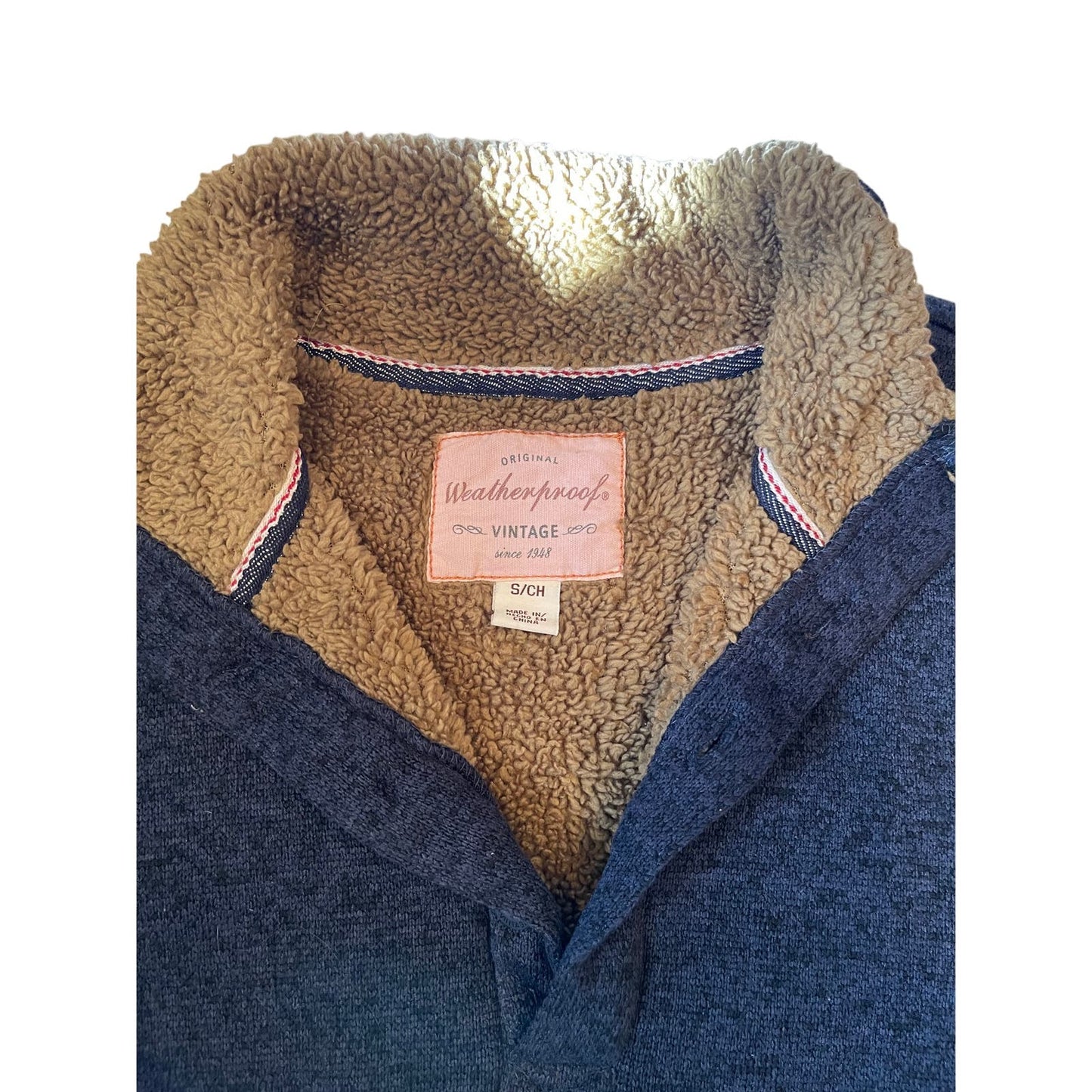 Weatherproof Vintage Men’s Small Fleece Sherpa Collar Navy Blue 1/4 Button