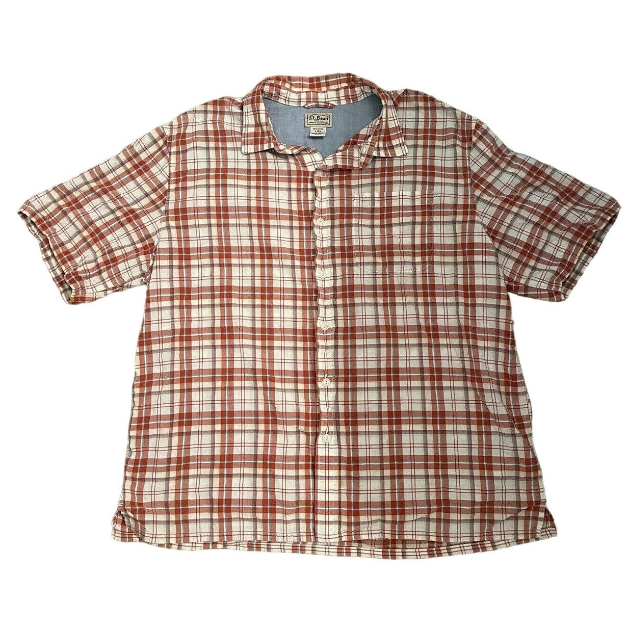 L.L. Bean Orange Plaid Button Up Short Sleeve Shirt