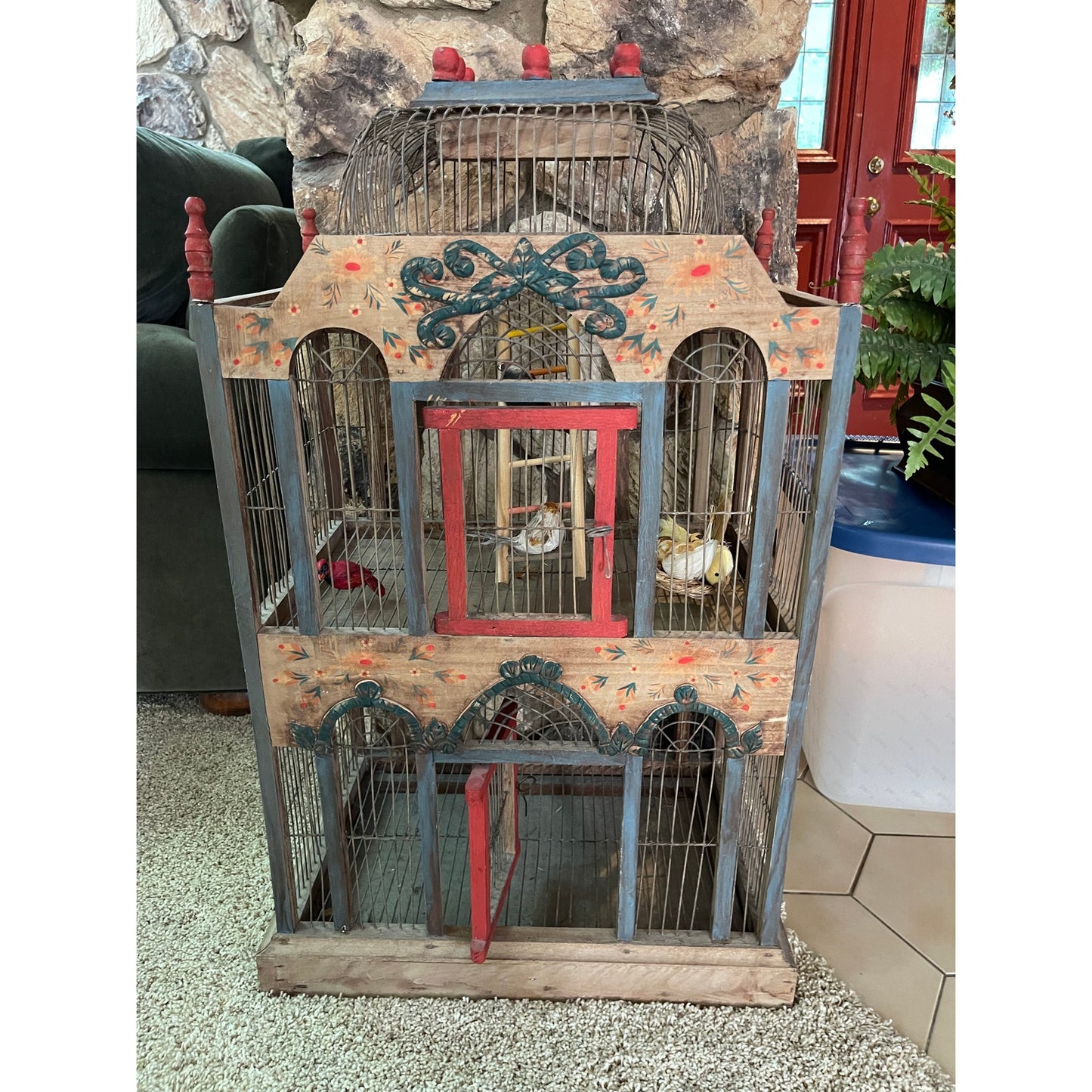 Antique French Victorian Hand Painted Wood & Metal 2 Tier Bird Cage