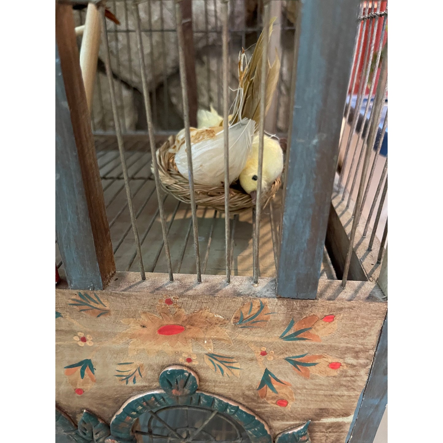 Antique French Victorian Hand Painted Wood & Metal 2 Tier Bird Cage