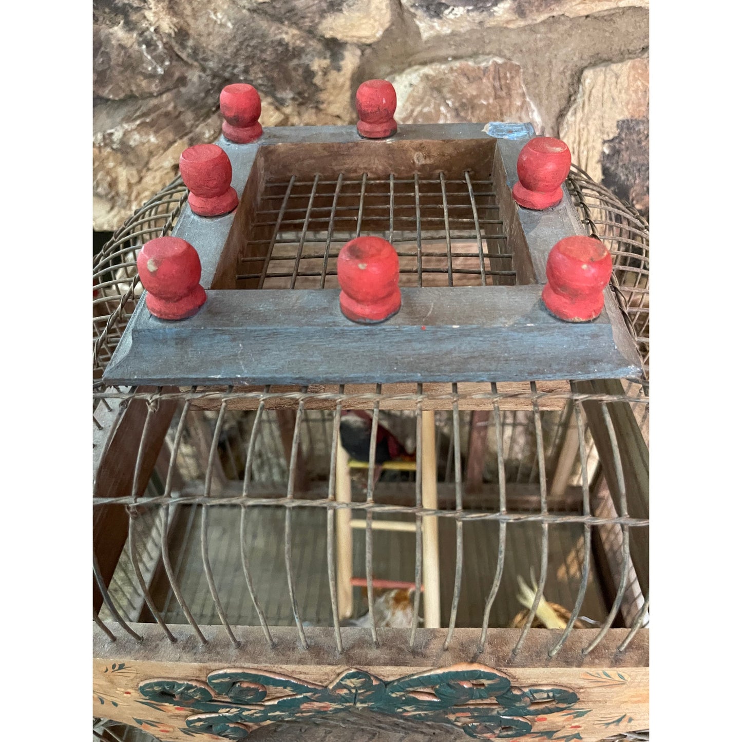 Antique French Victorian Hand Painted Wood & Metal 2 Tier Bird Cage