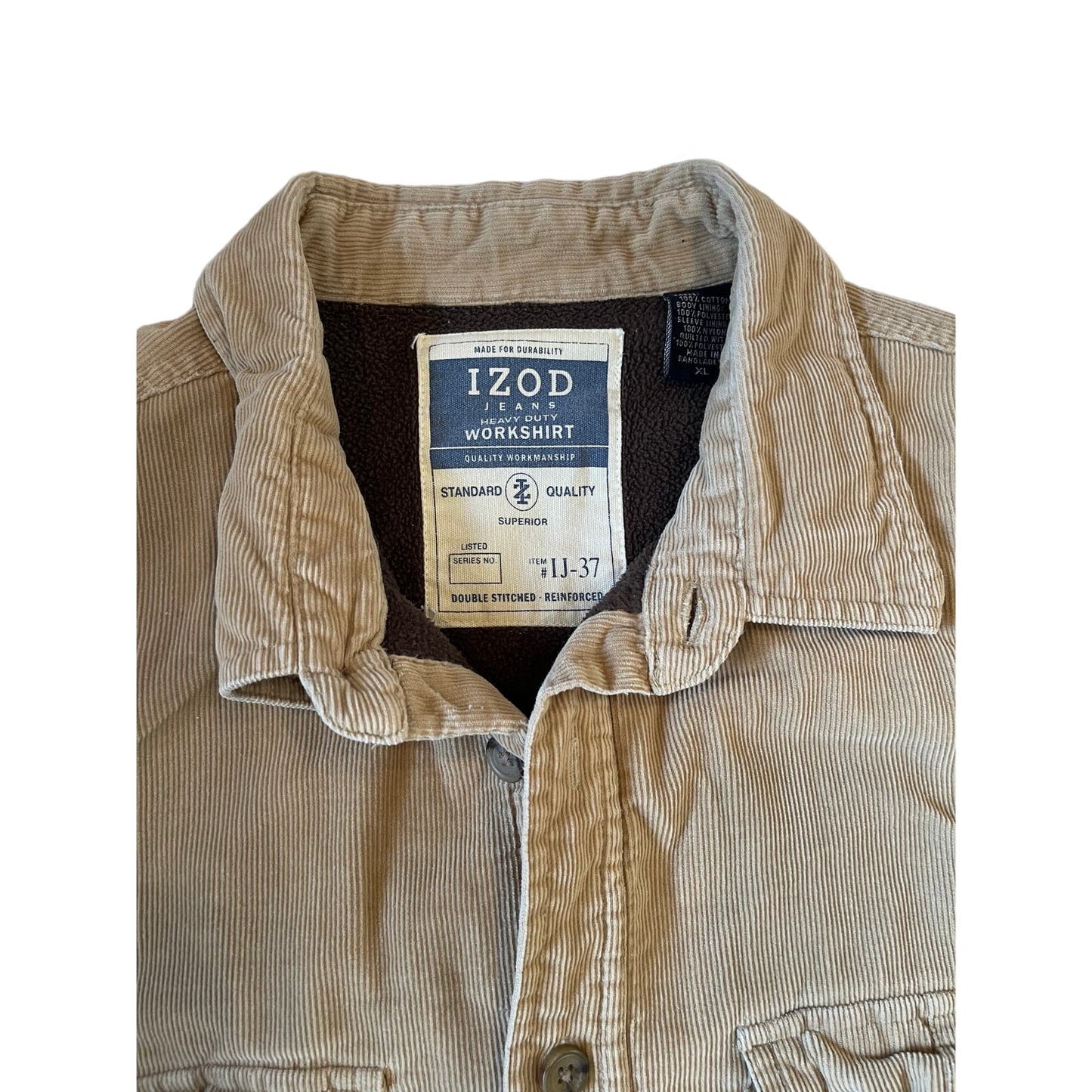 Vintage Izod Fleece Lined Tan Corduroy Heavy Duty Work Shirt w/Pockets Mens XL