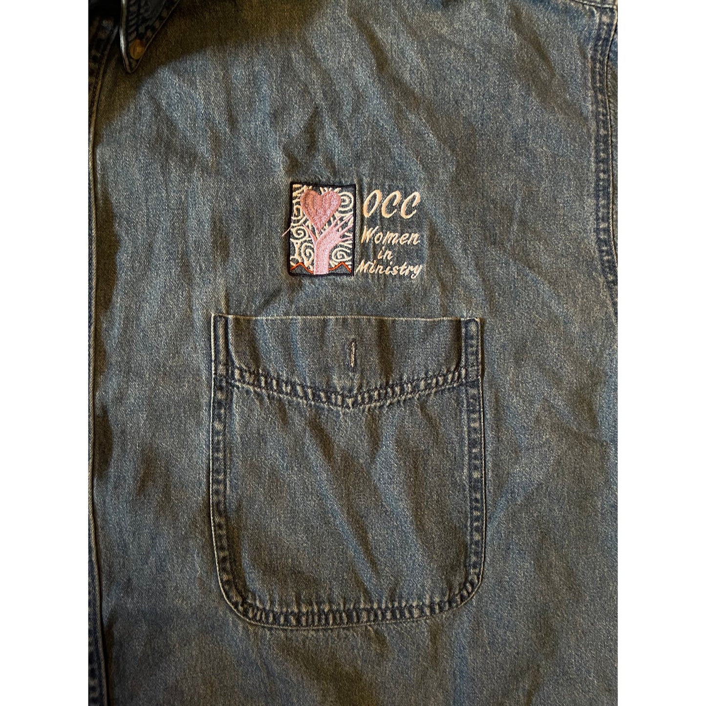 Y2K Women's Wrangler 3XL Cropped Denim Shirt OCC Women in Ministry Embroidered