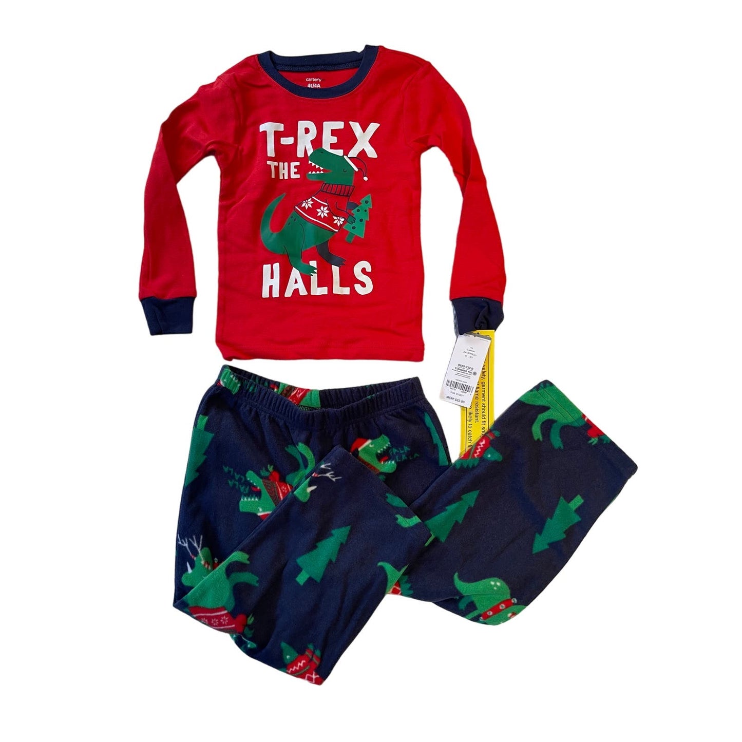 NWT Size 4T Carters 2 Piece Christmas T-Rex The Halls Pajama Set Dinosaur