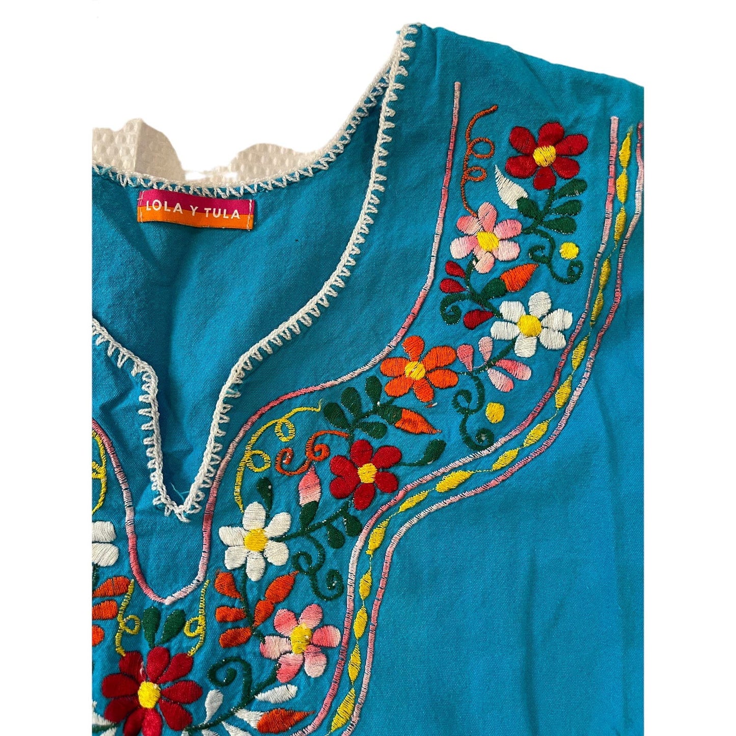Lola Y Tula Women's Blouse Blue Hand Embroidered in Mexico Med / Large $82 MSRP