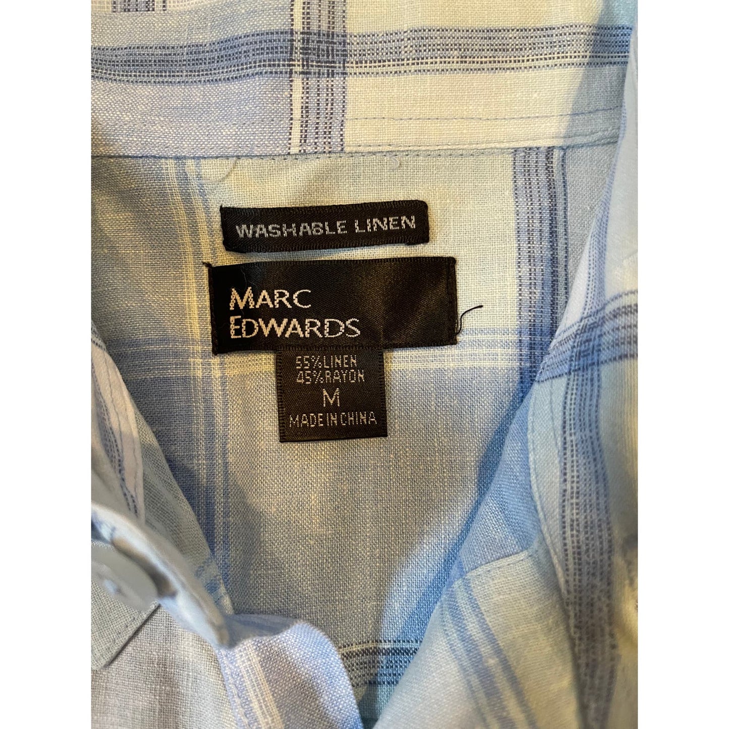 Marc Edwards Men's Linen Blend Short Sleeve Blue Plaid Button Front Shirt Size M