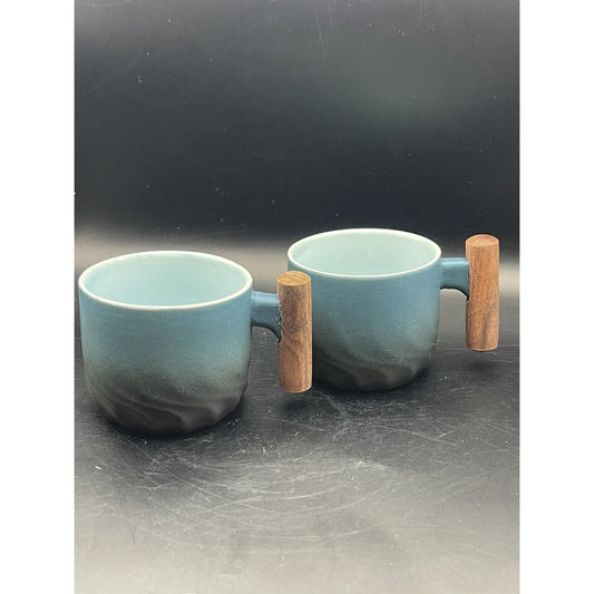 Set Of 2 Ceramic Espresso Mugs With Wooden Handles - 70ml Blue & Black