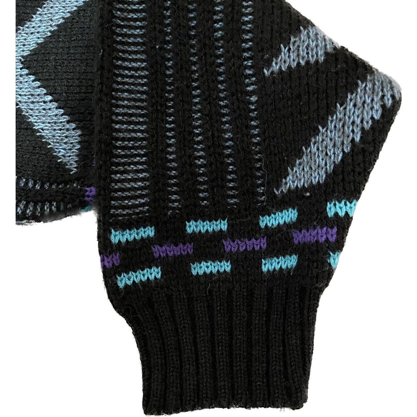 Vintage 1980’s Geometric Adult Medium Knit Pullover Sweater Teal Black Purple
