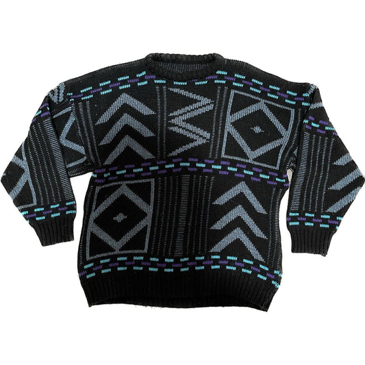 Vintage 1980’s Geometric Adult Medium Knit Pullover Sweater Teal Black Purple