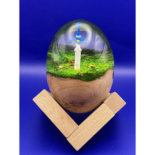 Legend of Zelda Master Sword Model Figure In Wood And Resin Egg With Stand Link